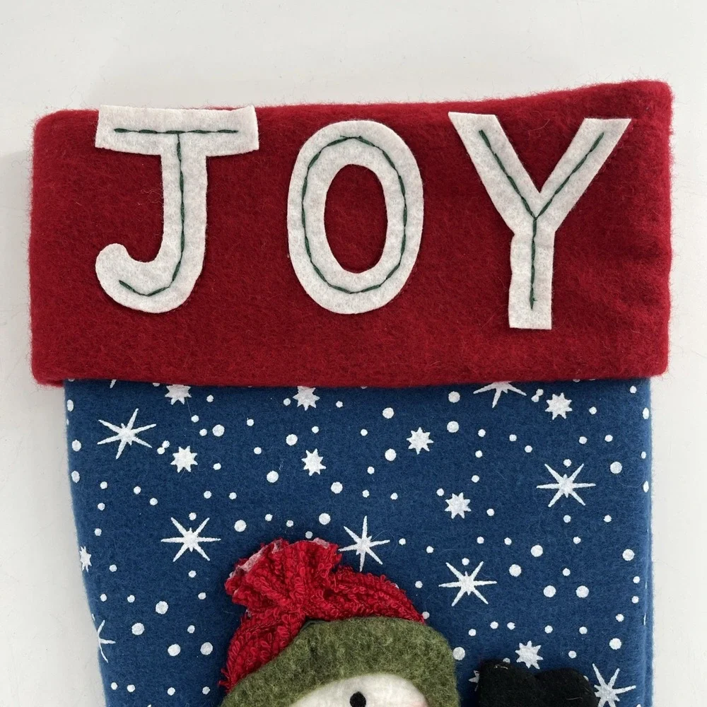 2 Vintage Snowman Felt Applique Christmas Stocking 3D Fleece Knit Pom Stitch 21